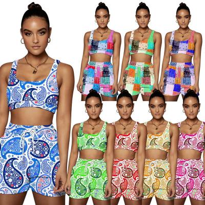 China 2022 Summer Breathable Two Piece Set Women's Clothing Bandana Print Tank Crop Top And Biker Shorts 2 Pieces Set Fashion Woman Shorts Set for sale