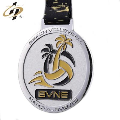 China Custom Metal Europe Shuanghua Silver Enamel Volleyball Sport Challenge Award Medal With Ribbon for sale