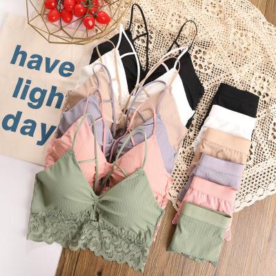 China Wireless Bra Set/2PCS Ladies Women Underwear Lace Bra Set Sexy V-Neck QUICK DRY Backless Bra Set Wireless Lace Bralette Panties Suit for sale