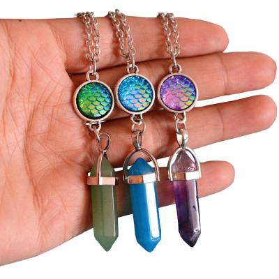 China FASHIONABLE Hexagon Prism Healing Crystal Charms Amethyst Quartz Chakra Necklace Mermaid Scale Stone Necklace for sale