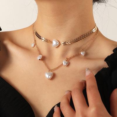 China Fashionable Simple Bilayer Arrow Chain Simple Two Layer Pearl Love Necklace Multilayer Necklaces for sale