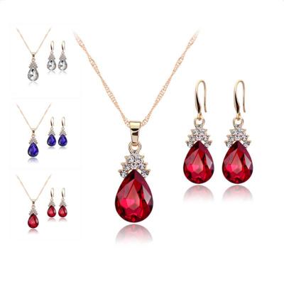 China TRENDY Crystal Diamond Water Drop Necklace Earrings Jewelry Set Gold Chain Wedding Jewelry Set for sale