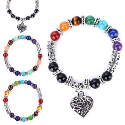 China CLASSIC Colorful Natural 7 Chakra Lava Stone Bracelet Healing Lava Rock Yoga Heart Pendant Bead Bracelet for sale