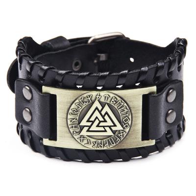 China Retro Viking Totem Punk Genuine Leather Wristband Bracelet For Men Hip Hop Jewelry for sale