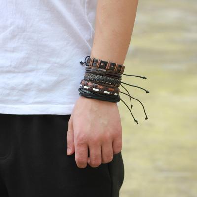 China 5pcs/set Handmade Leather Punk Multilayer Men's Bracelet Hip Hop Jewelry Vintage Braided Leather Bracelet for sale