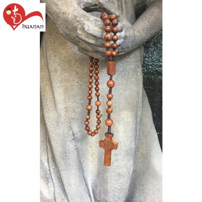 China European Religious Handmade Wooden Beads Cross Rosary Necklaces for sale