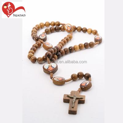 China Europe Christian Designs 8*10mm Wooden Rope Rosaries Bead Necklace for sale