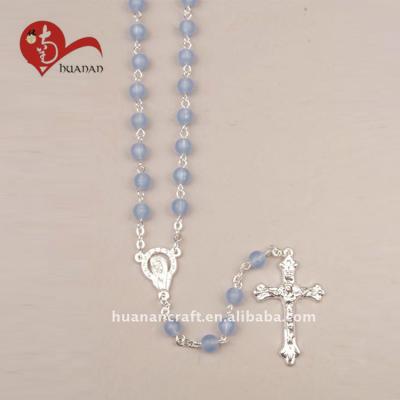 China Natural Handcraft Christianity Crystal Religious Blue Rosary 6mm Tin Cut Glass Beads Sterling Silver Cross Necklace for sale