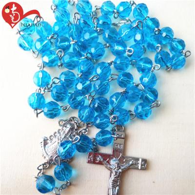 China Religious European Catholic Blue Color Crystal Cross Necklaces Holy Rosaries for sale