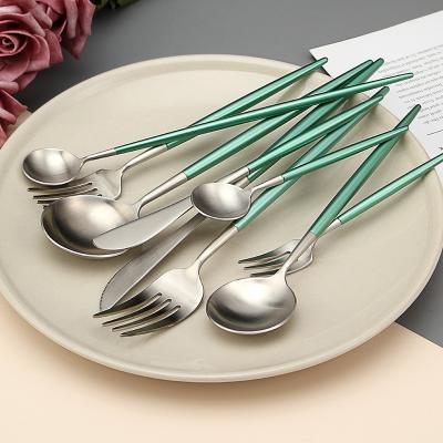 China Sustainable Wholesale High Quality Home Use Tableware Tool Green Silver Stainless Steel Fork And Spoon for sale