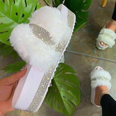 China Fashion Trend Fashion Faux Fur Sliders Women Summer Rhinestone Platform Sandals&Slippers Shoes Outdoor Casual Shoes For Female for sale