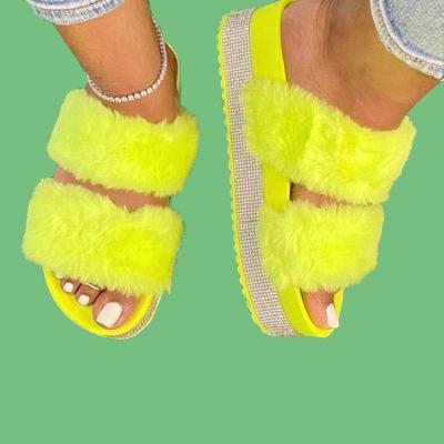 China Fashion Trend Diamond Wholesale Female Faux Stone Fur Fluffy Slides Shoes Women Thick Unique Summer Ladies Hairy Sandals Slippers for sale