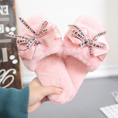 China Fashion Trend Ladies Winter Bow Fur Bedroom Slippers for Girl Home Soft Plush Sandals Felt Slides for Women for sale