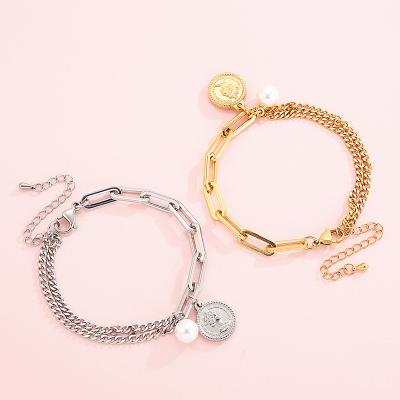 China FASHIONABLE 2021 Gold Crown Coin Chain Link Stainless Steel Multilayer Female Bracelet Bangles Bracelets For Women for sale