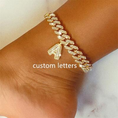 China 2021 Custom Iced Out FASHIONED Initial Letter Rhinestone Body Chain Diamond Chunky Cuban Link Anklet Outlet for sale