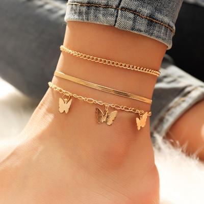 China TRENDY 3pcs Gold Plated Multilayer Flat Snake Chain Anklet Bracelet Butterfly Charm Anklet Set for sale