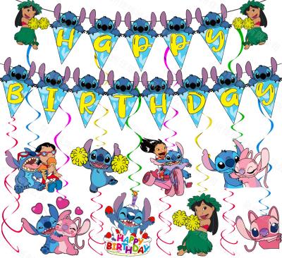 China Lilo Birthday Party and Stitch Theme Birthday Party Supplies Banner Triangular Foil Hanging Swirls for Girls and Boys Birthday Decoration for sale