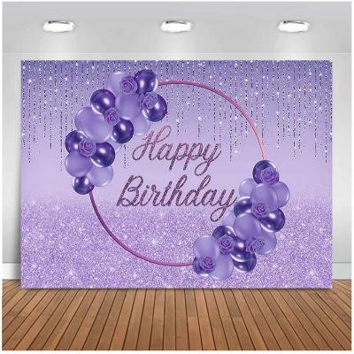 China Purple Vinyl Gold Glitter Happy Birthday Theme Photography Backdrops Cake Table Decor Banner Prop for sale