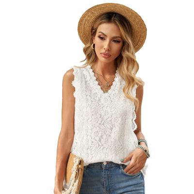 China 2021 Summer Women Wholesale QUICK DRY V Neckline Sleeveless Tops Hollow Out Lace All Over Tank Top for sale