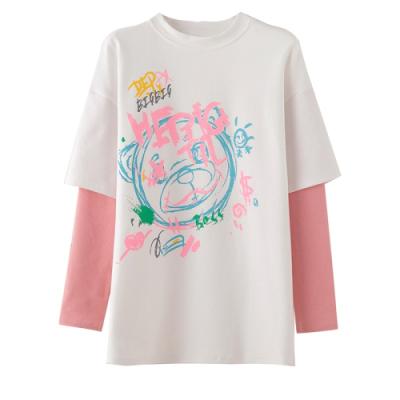 China Anti-pilling 2021 new spring graffiti patchwork fake long sleeve T-shirt women design pure sense niche top high quality cotton T-shirt for sale