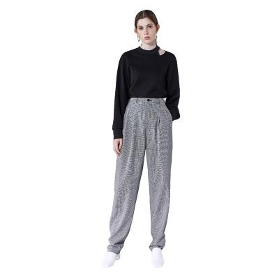 China Spring Breathable Hot Selling High Quality Plaid Pleated Elastic High Waist Women's Straight Lady Casual Pants For Office Tube Trousers for sale