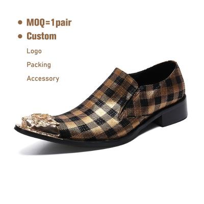 China Fashion Trend Genuine Leather Metal Retro Led Toe Plaid Men Loafers Oxfords For Wedding Elastic Band Block Heel for sale