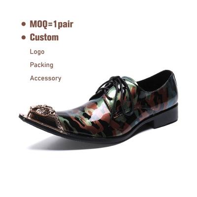 China Fashion Trend Lace Up Style Patent Camouflage Block Genuine Leather Stiletto Heel Casual Shoes Mens Oxfords for sale