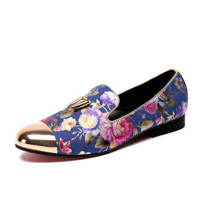 China Fashion Trend Floral Print Upper Low Heel Captoe Loafer Genuine Leather Flat Shoes For Men For Casual for sale