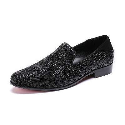 China Fashion Trend Leisure Mens Loafers Genuine Leather Crocodile Embossed Patchwork Round Toe Block Heel Black for sale