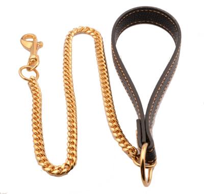 China China Manufacturer New Stainless Steel Gold Stainless Steel Viable Leather Cuban Chain Dog Leash Medium Dog Pet Leash for sale