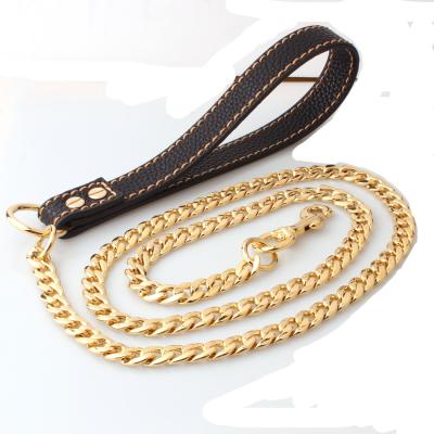 China China Manufacturer Gold Stainless Steel Full Weld NK Chain Pet Harness Dog Walking Leash Reflective Leather Dog Training Leash for sale