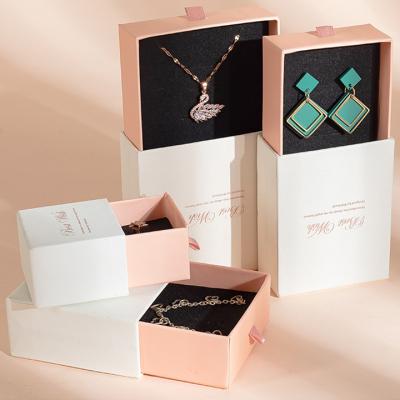 China Luxury Eco-friendly White Drawer Jewelry Box Packaging Paper Box Ring Earring Jewelery Box Ring Earring Jewelry Packaging Gift Box Sliding Logo Pink for sale