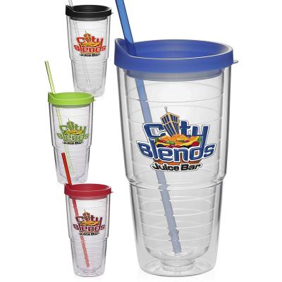 China Sustainable Promotional Double Wall 24oz Plastic Drinking Water Tumbler With Slide Lid for sale