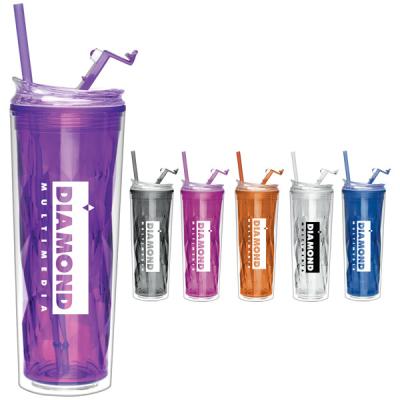 China Sustainable Promotional Advertising Double Wall Plastic Water Tumbler With Straw for sale