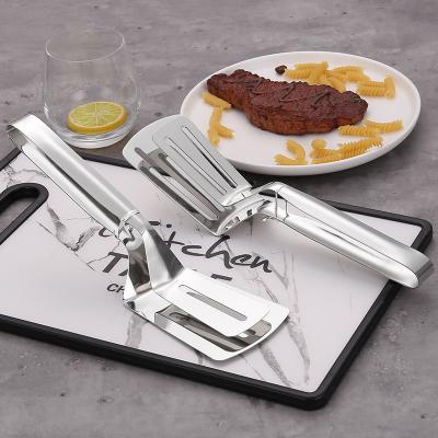 China Viable BBQ Holds 304 Stainless Steel Fried Shovel Bread Fish Pizza Clip Food Beef Steak Tongs Flipping Spatula Tongs for sale