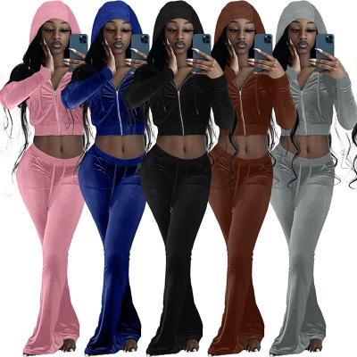 China Anti-Wrinkle Logo Fall Sweatsuit Women Outfits Custom Made Autumn Crop Top Wide Leg Pants Velvet Lady Tracksuits For Women Two Piece Sets for sale