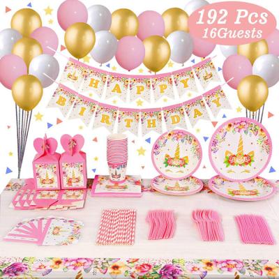 China Disposable 192 Pcs Eco-Friendly Kids Birthday Party Decorations Set Rainbow Unicorn Party Supplies for sale