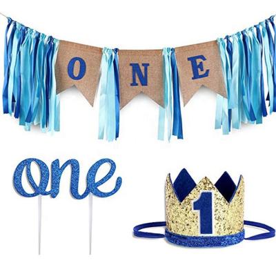 China Baby Boy Girl's 1st Birthday Party Decoration 1 Year Old Disposable Boy I AM A Banner CakeToppper Crown 3PCS Per Set for sale