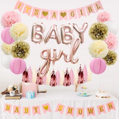 China Baby Shower Party Decorations For Girl Including Paper Pom Poms Lantern Tassel Garland Balloons Banner Fans Sash Badge for sale