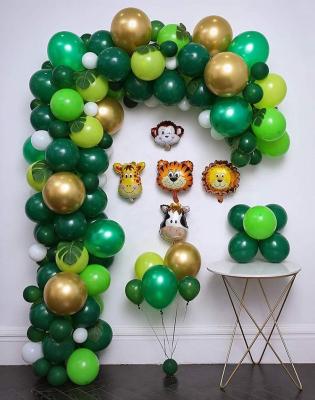 China Jungle Safari Theme Party Supplies 144Pcs, 10Pcs Green Palm Leaves, 122Pcs Balloons, 5Pcs Foil Latex Birthday Animal Balloons for sale