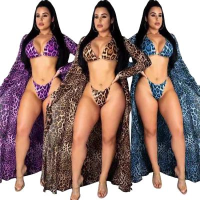 China 2021 Sexy Windproof Women Swimwear Beach Bikini Leopard Print Strap 3 Piece Swimsuit for sale