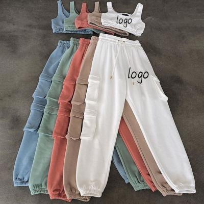 China 2 Piece Crop Top Anti-pilling Two Piece Pants Set Workout Comfortable Women 2021 Cotton 2 Piece Set for sale