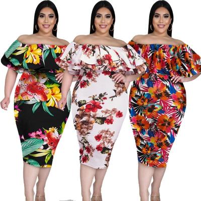 China Plus Size Newest Sized Plus Size Clothing Women Arrive Spring Autumn Dresses Floral Layered Ruffle Off Shoulder Women Dress for sale