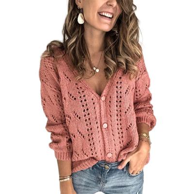 China European American Spring Solid Color Anti-wrinkle Hollow Out V-Neck Knitted Sweater Cardigan For Women for sale