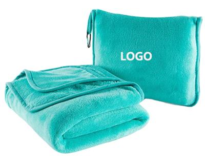 China PORTABLE Warm Soft Lightweight All Season Use Flannel Fleece 2 in 1 Airplane Travel Throw Drinking Blanket in Pocket for sale