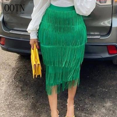 China OOTN Breathable Ladies Slim Jupe faldas Waist Tassel Saias Large High Waist Women Stretch Sheath Midi Length Green Fringe Bodycon Pencil Skirt for sale