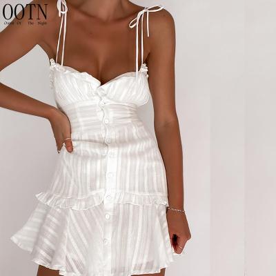 China 2022 OOTN Summer Ladies Breathable Corset Dress Women Lace Up Ruffled Mini Cotton Jacquard Spaghetti Strap Bodycon Sexy Beach Dress for sale