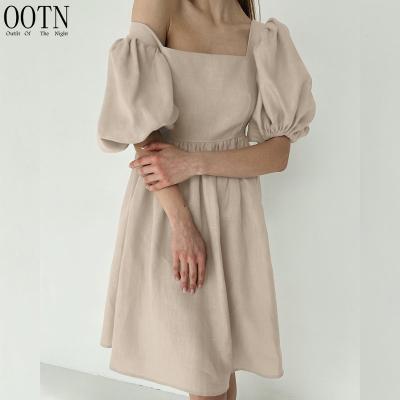 China Casual Size A Khaki Mini Dress Square Neck Lantern OOTN Line 2022 Breathable High Sheath Elegant Dress Women Cotton Maxi Dress Summer Dress for sale