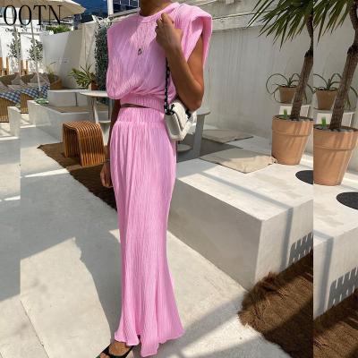 China OOTN Breathable Black Elastic Waist Long Dresses Fits Elegant O-Neck Crop Sleeveless Main Pink 2 Piece Women's Outfits Summer Skirt Sets for sale