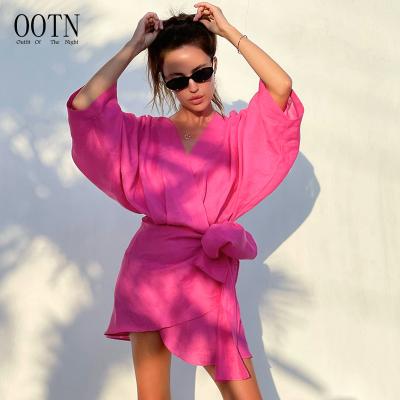 China Summer Breathable V-Neck OOTN Fashion Lace Up Loose Dress Short Sleeve Mini Dress Linen Wrap Dress Women Female Lantern Casual Holiday for sale